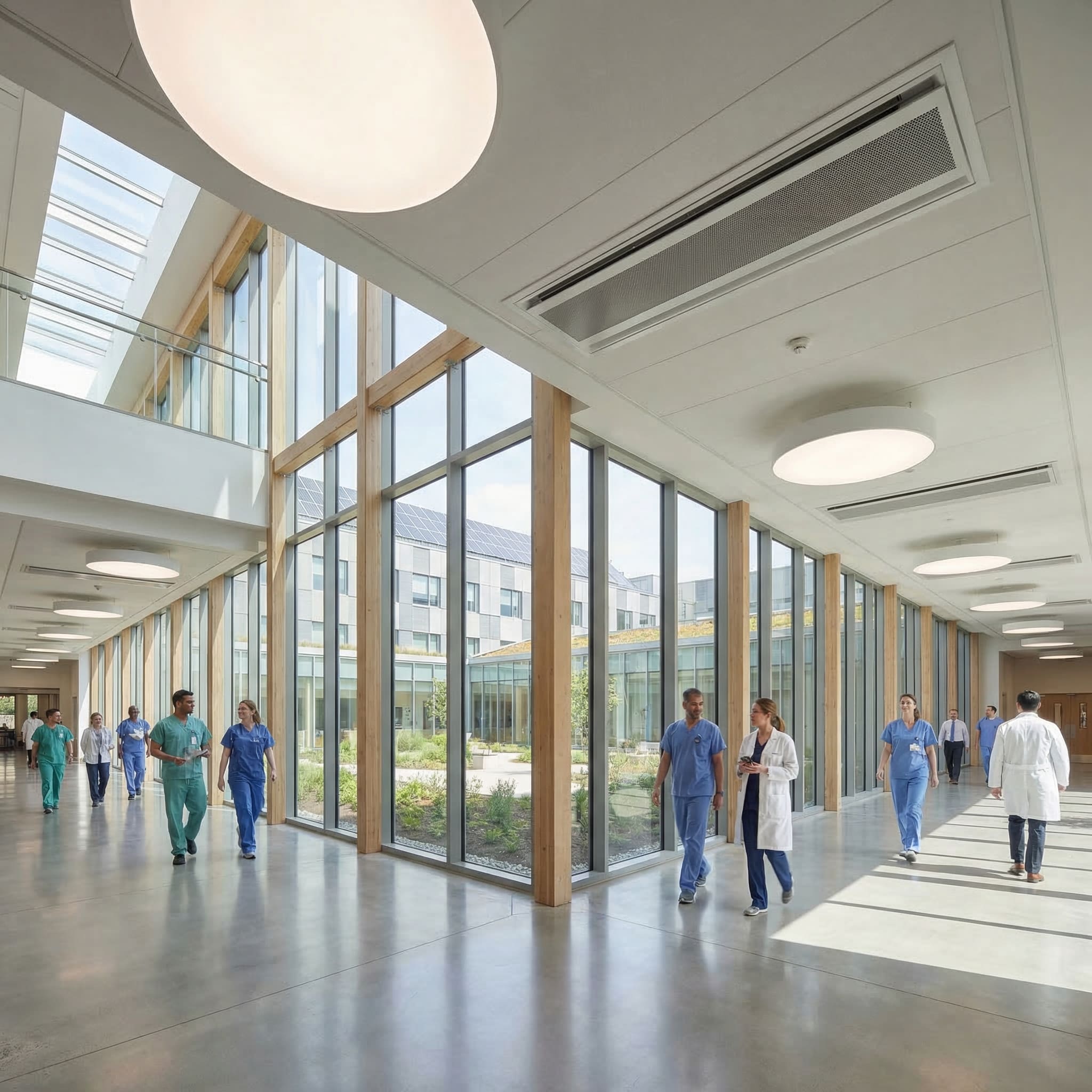 Un couloir d'hôpital lumineux avec de grandes fenêtres, de la lumière naturelle et une vue sur le jardin. Le personnel médical, vêtu de blouses et de sarraus, marche et discute en groupe, créant une atmosphère à la fois animée et calme.