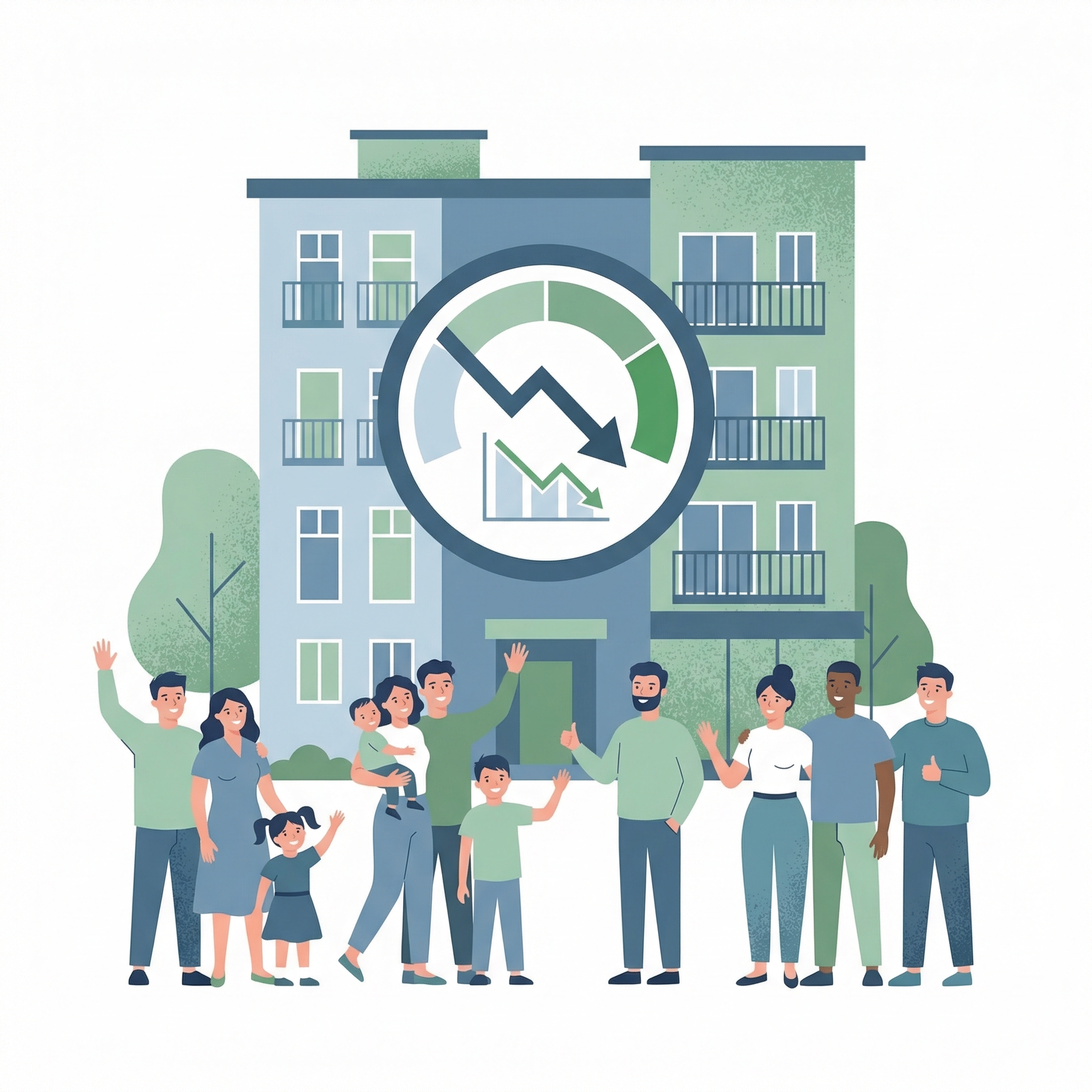 Illustration de diverses personnes se tenant devant un immeuble d'habitation, saluant et souriant. Au-dessus d'eux se trouve un grand graphique descendant à l'intérieur d'une jauge, symbolisant une baisse, peut-être des prix des logements ou des loyers.