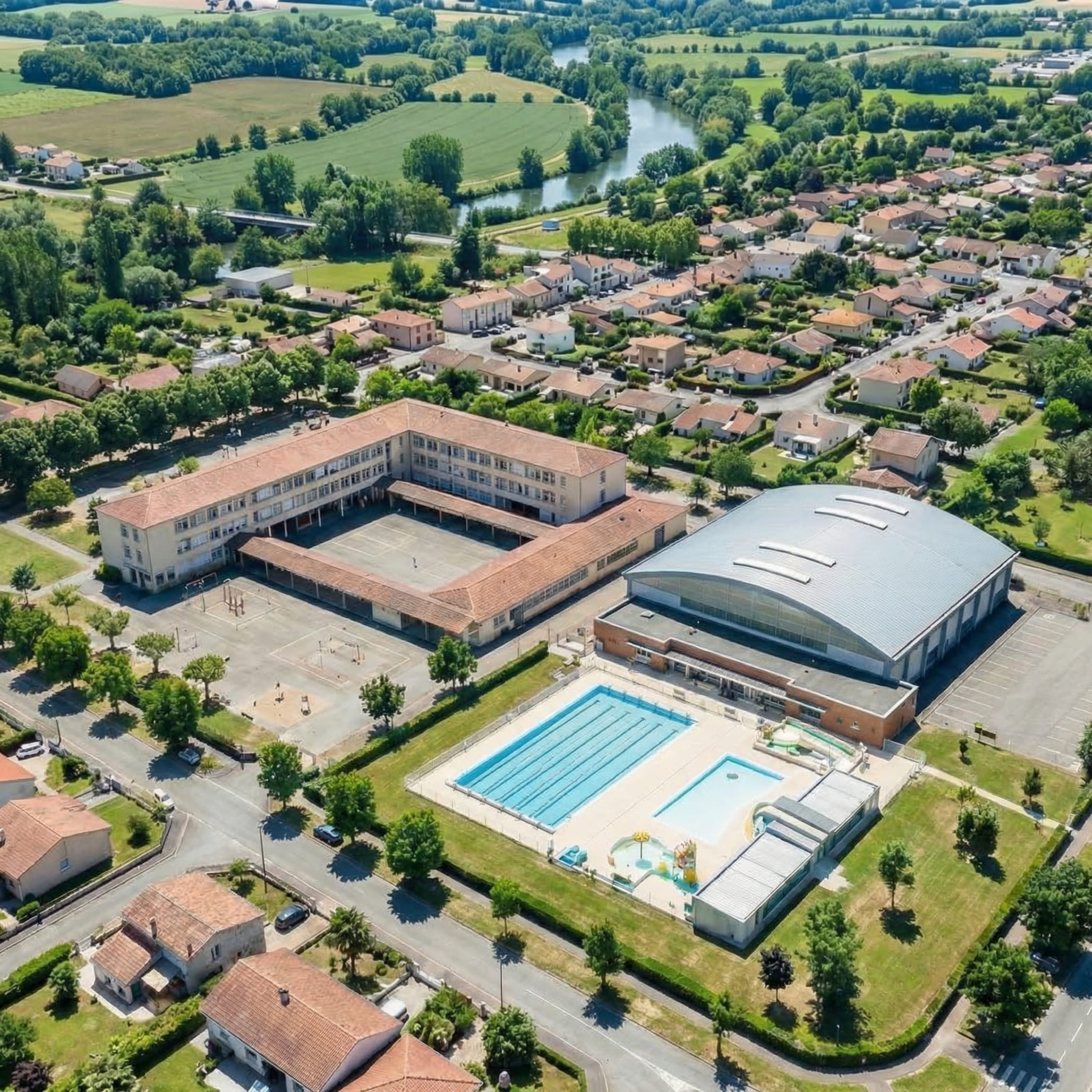 Vue aérienne d'un campus scolaire comprenant un grand bâtiment en forme de L, un gymnase, des terrains de sport extérieurs et une piscine, entouré de maisons, de routes, d'arbres et de champs verts dans une zone suburbaine.