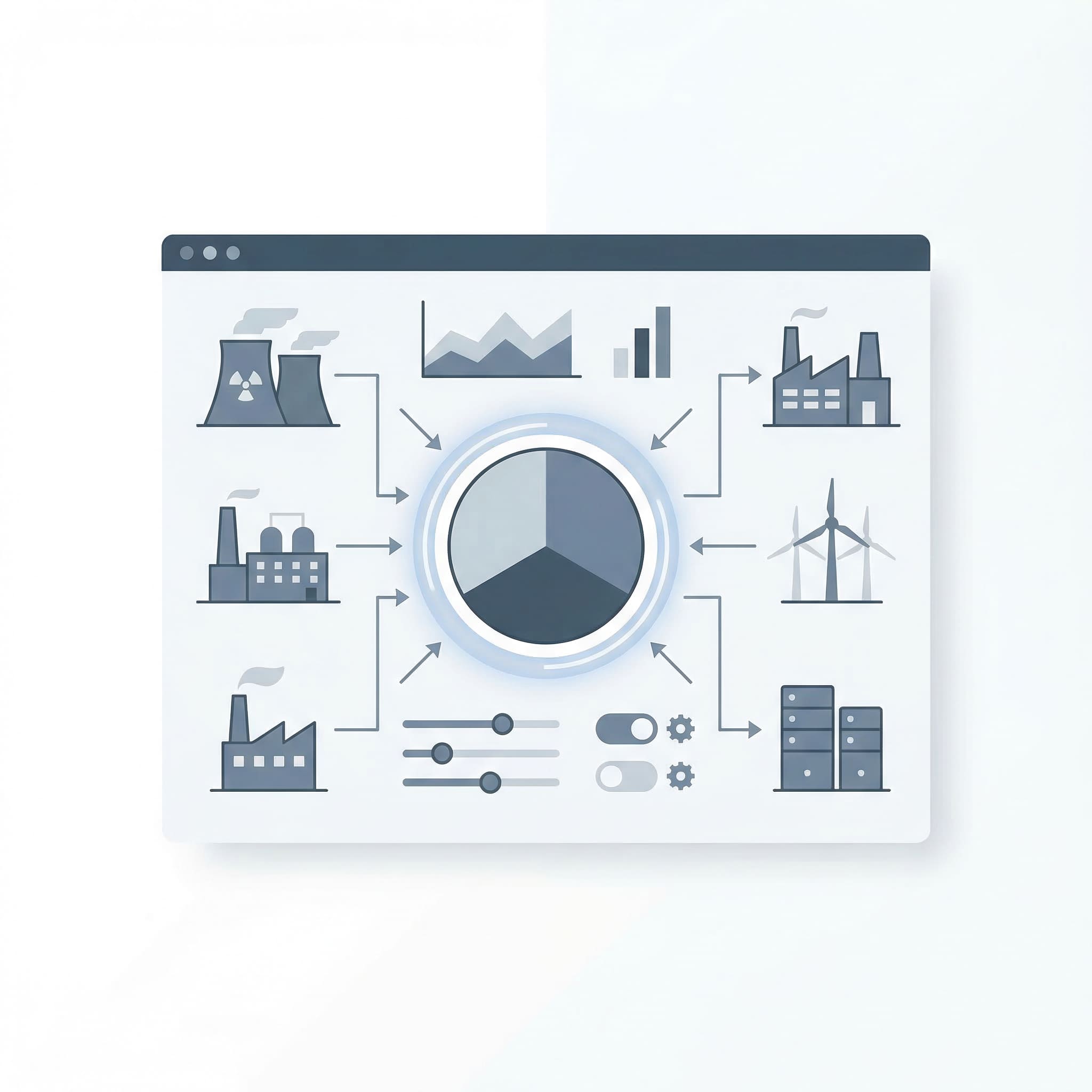 L'interface d'un tableau de bord affiche un camembert central entouré d'icônes d'usine, de centrale nucléaire, d'éolienne et de serveur de données, avec des flèches les reliant. Des curseurs de contrôle et des interrupteurs sont affichés en bas de l'écran.