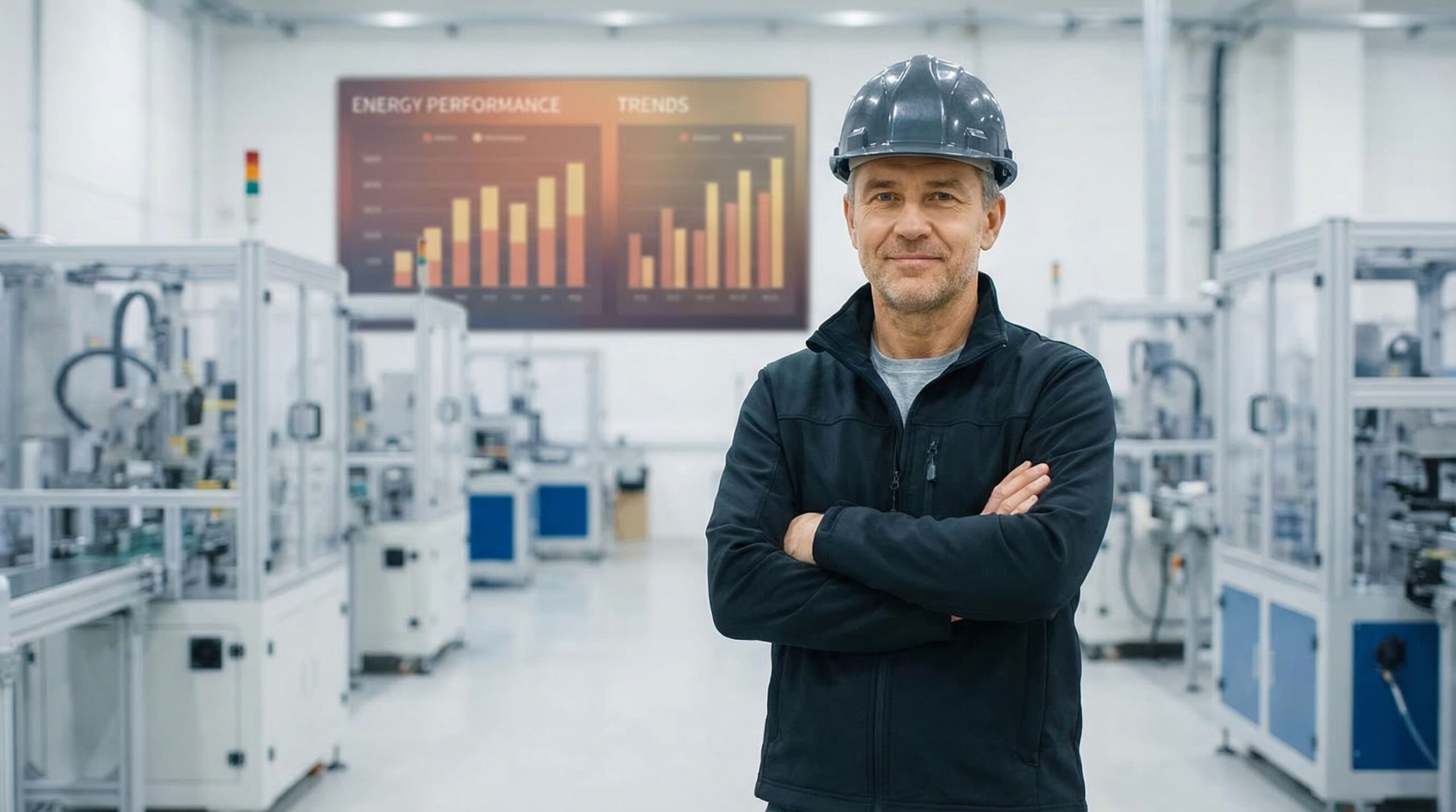 Un homme portant une veste noire et un casque de sécurité se tient debout, les bras croisés, dans une usine moderne. Derrière lui se trouvent des machines et un grand écran affichant un graphique à barres sur l'évolution de la performance énergétique.