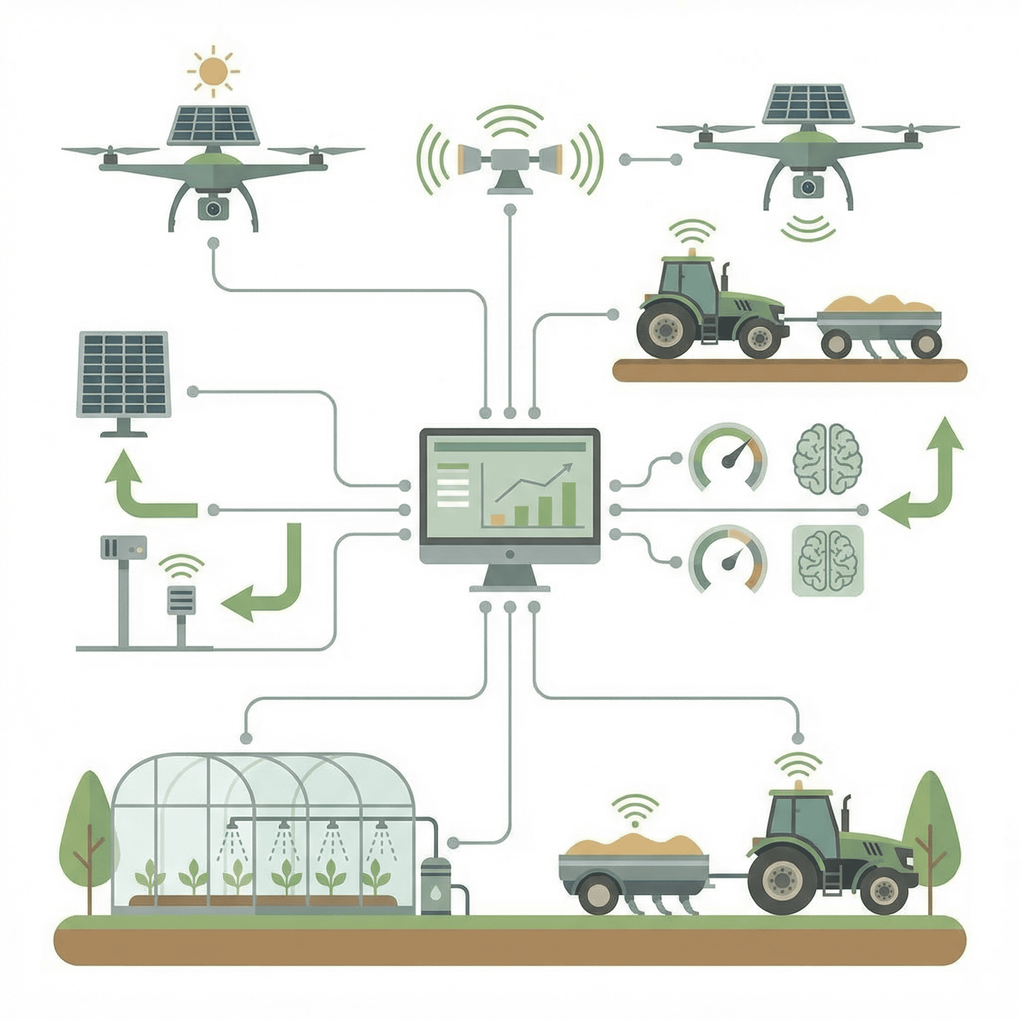 Infographie sur l'agriculture intelligente : drones, tracteurs, capteurs, panneaux solaires, serres et ordinateur central reliés par des lignes, illustrant l'agriculture fondée sur les données et l'intégration des technologies.
