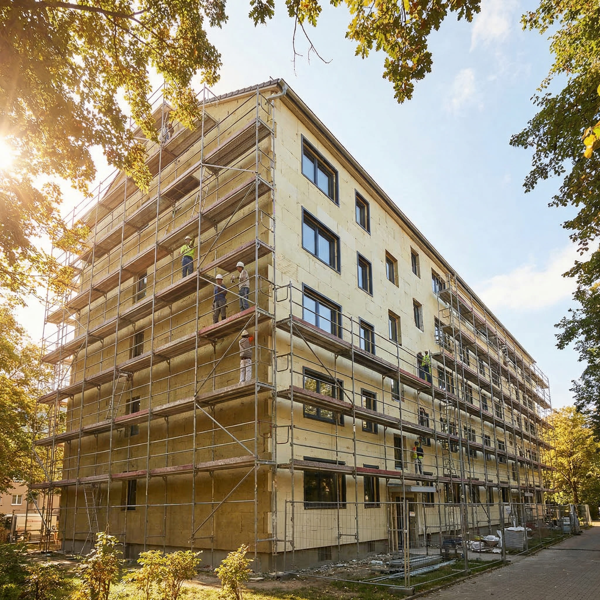 Un bâtiment de plusieurs étages en cours de rénovation est entouré d'échafaudages, et l'on peut voir plusieurs ouvriers travaillant à l'extérieur. La lumière du soleil filtre à travers les arbres qui encadrent la scène.