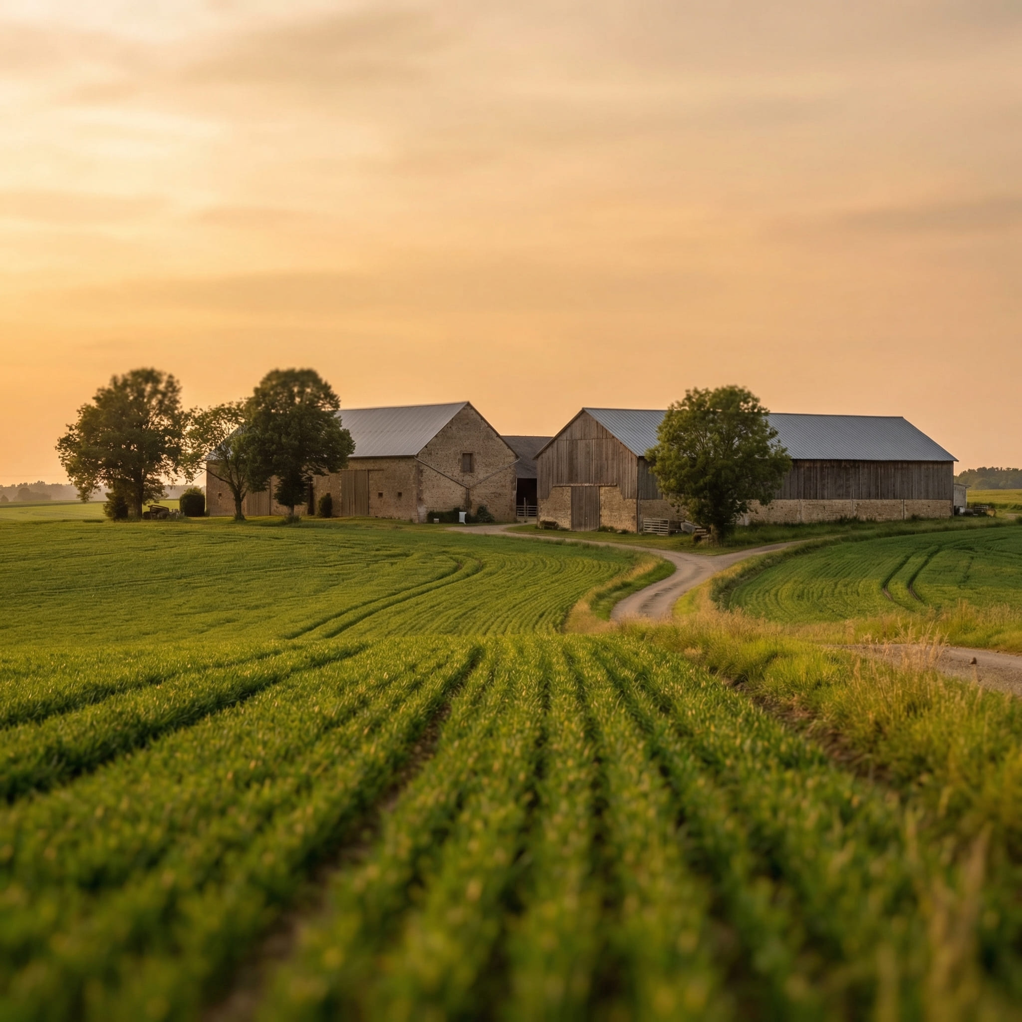 Une route de campagne mène à une ferme et à des granges entourées de champs de cultures vertes, avec des arbres à proximité et un ciel de coucher de soleil doré en arrière-plan.