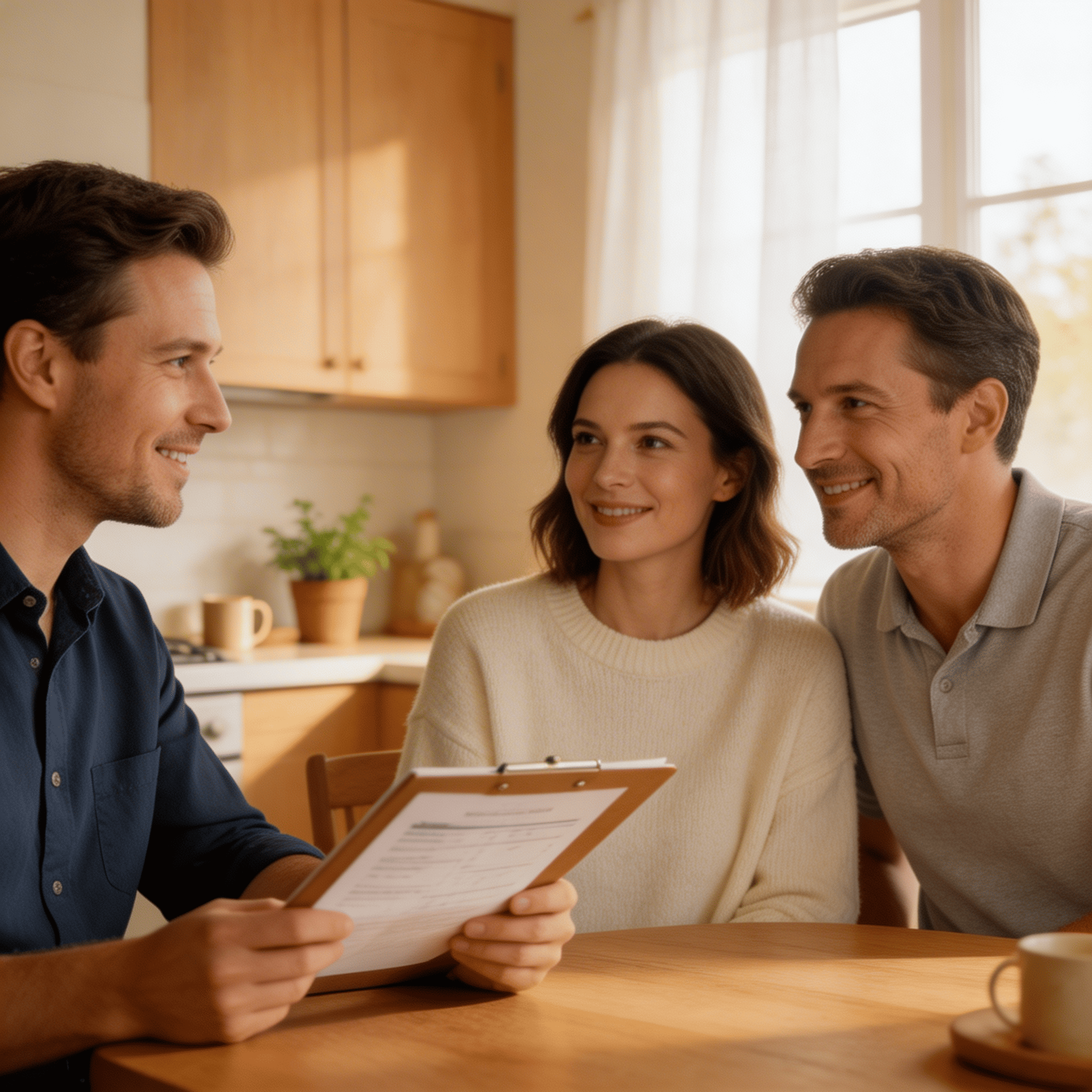 Un couple souriant est assis à une table de cuisine, écoutant attentivement un professionnel tenant un presse-papiers avec des documents, dans une pièce lumineuse et ensoleillée avec des armoires en bois et une fenêtre en arrière-plan.