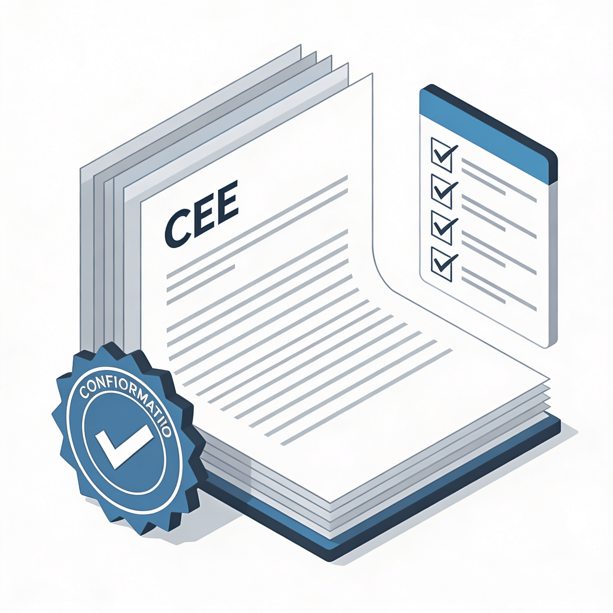 Une pile de documents étiquetés CEE se trouve à côté d'une liste de contrôle et d'un badge circulaire bleu avec une coche et le mot Conformità, représentant la certification ou l'approbation de la conformité.