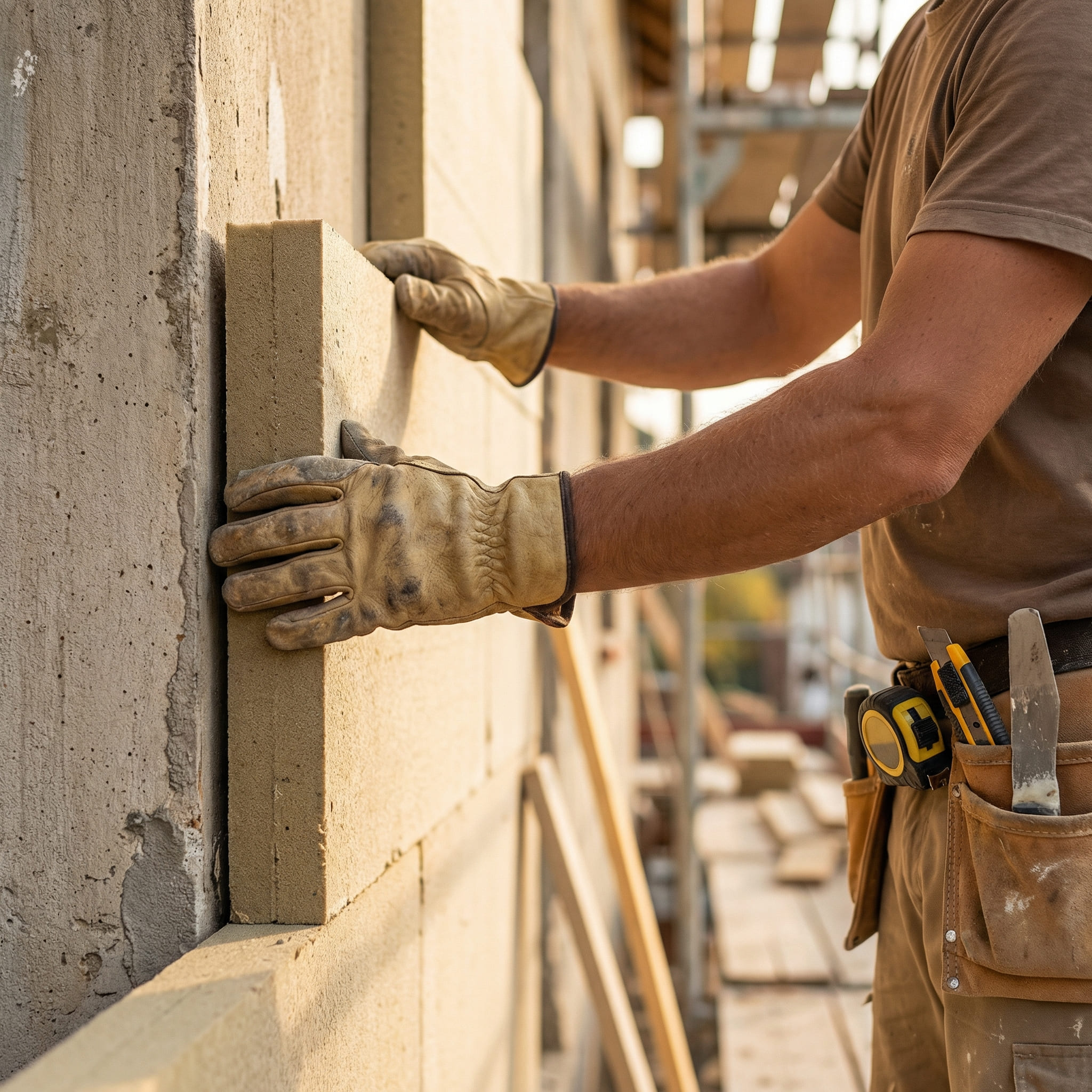 Un ouvrier du bâtiment portant des gants installe des panneaux d'isolation sur le mur extérieur d'un bâtiment. L'ouvrier maintient le panneau en place, avec des outils et un mètre ruban visibles dans une ceinture à outils. Un échafaudage apparaît à l'arrière-plan.