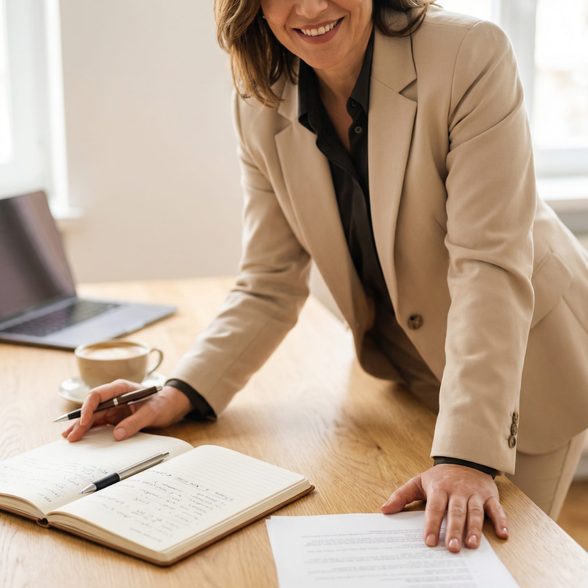 Une femme en tailleur beige sourit alors qu'elle se tient à un bureau avec un cahier ouvert, des documents, un ordinateur portable et une tasse de café. Elle écrit dans son carnet et semble occupée par son travail.